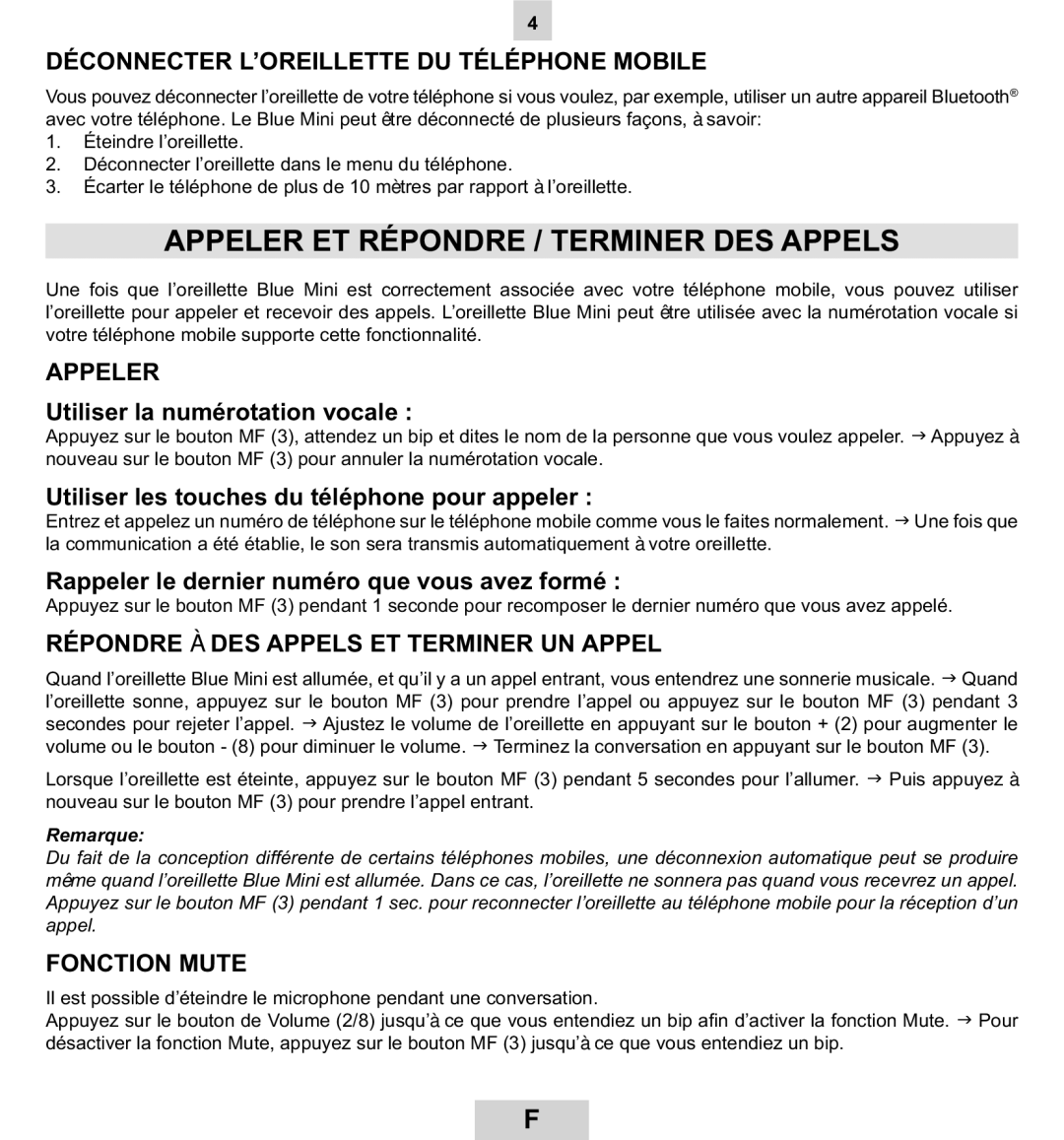 Mr Handsfree BLUE MINI manual Appeler ET Répondre / Terminer DES Appels, Déconnecter L’OREILLETTE DU Téléphone Mobile 