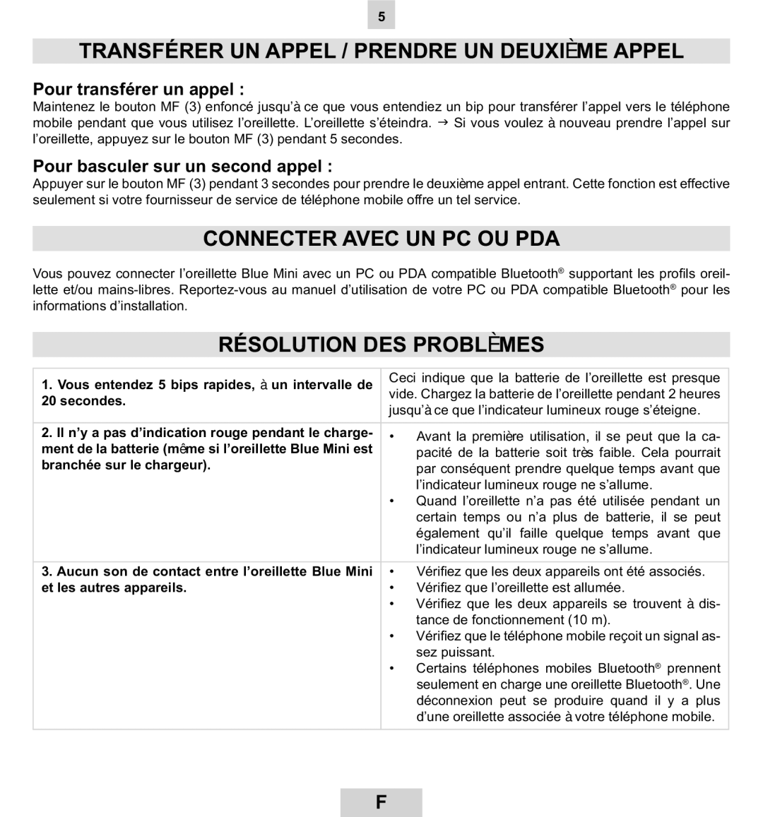 Mr Handsfree BLUE MINI manual Transférer UN Appel / Prendre UN Deuxième Appel, Connecter Avec UN PC OU PDA 