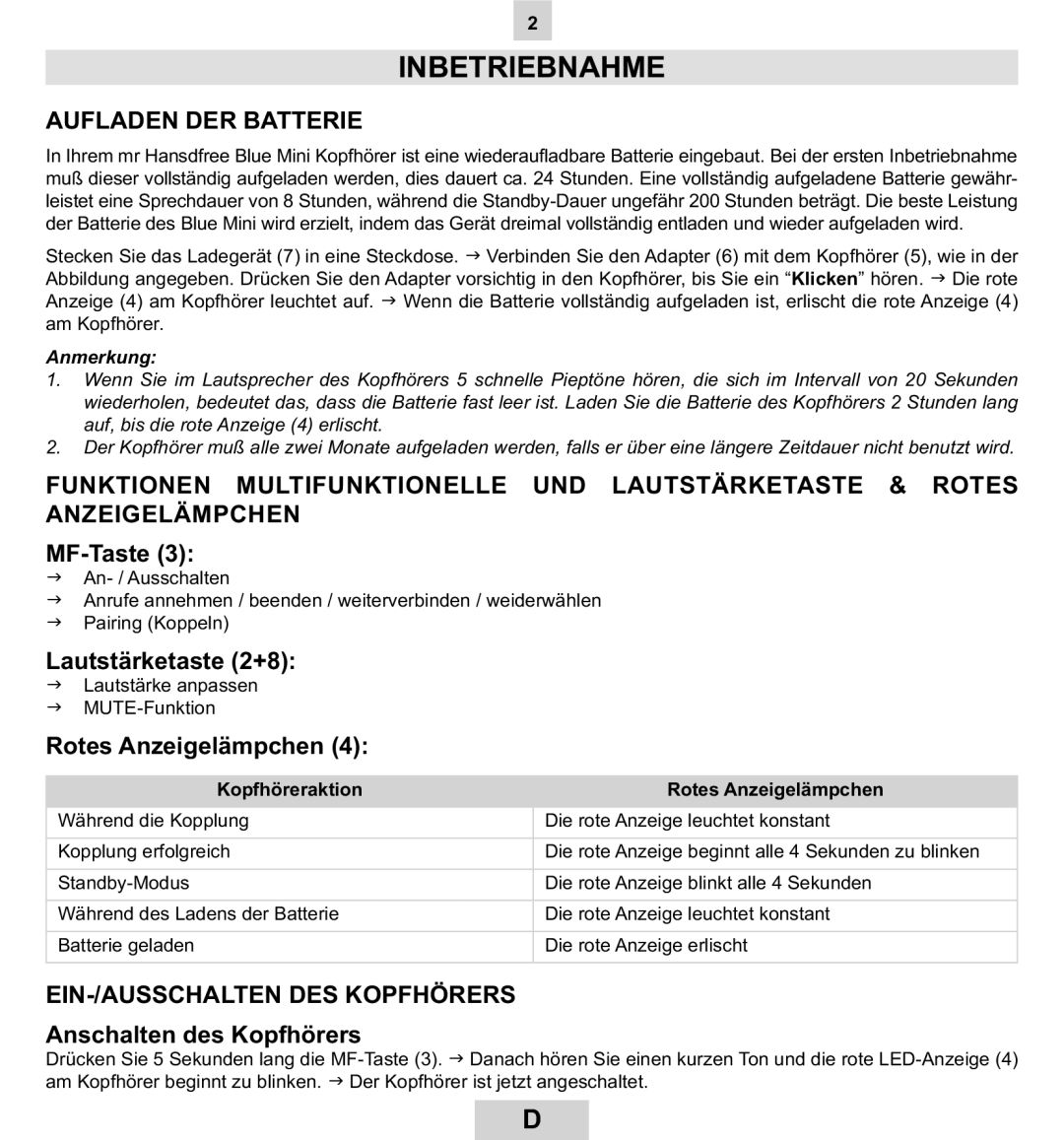 Mr Handsfree BLUE MINI manual Inbetriebnahme, Aufladen DER Batterie, EIN-/AUSSCHALTEN DES Kopfhörers 