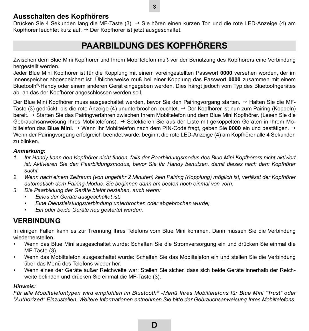 Mr Handsfree BLUE MINI manual Paarbildung DES Kopfhörers, Ausschalten des Kopfhörers, Verbindung, Hinweis 