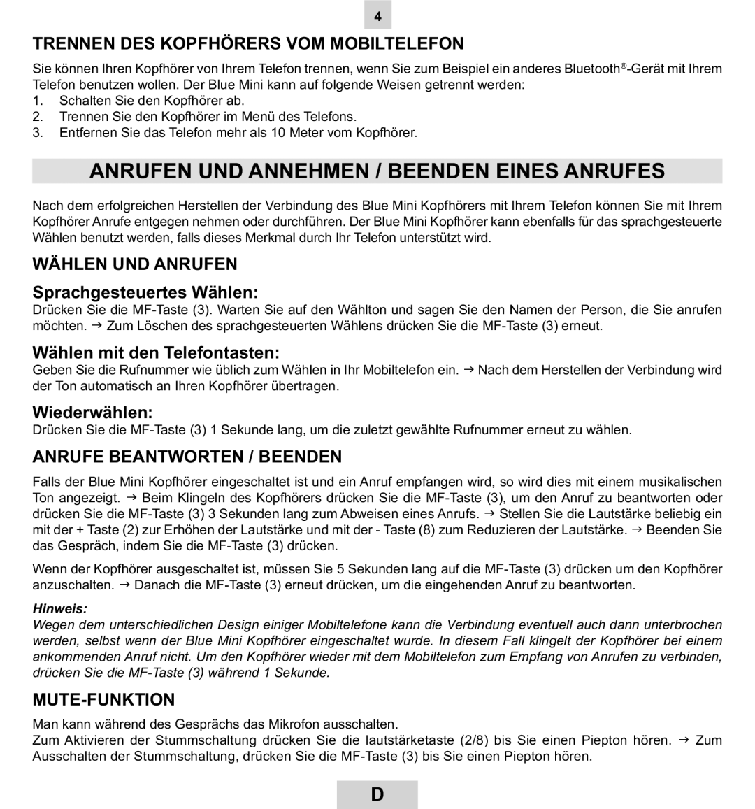 Mr Handsfree BLUE MINI manual Anrufen UND Annehmen / Beenden Eines Anrufes, Trennen DES Kopfhörers VOM Mobiltelefon 