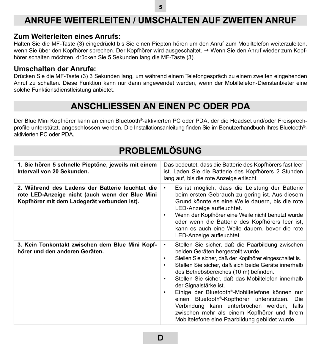 Mr Handsfree BLUE MINI manual Anrufe Weiterleiten / Umschalten AUF Zweiten Anruf, Anschliessen AN Einen PC Oder PDA 