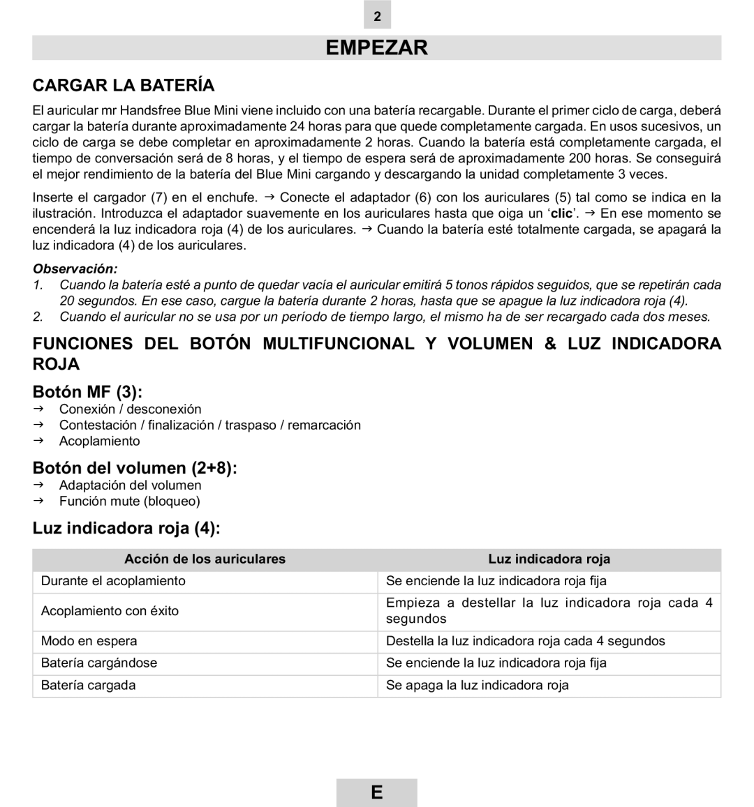 Mr Handsfree BLUE MINI manual Empezar, Cargar LA Batería, Botón MF, Botón del volumen 2+8, Luz indicadora roja 