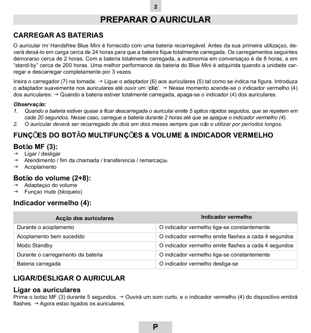 Mr Handsfree BLUE MINI manual Preparar O Auricular, Carregar AS Baterias, LIGAR/DESLIGAR O Auricular 