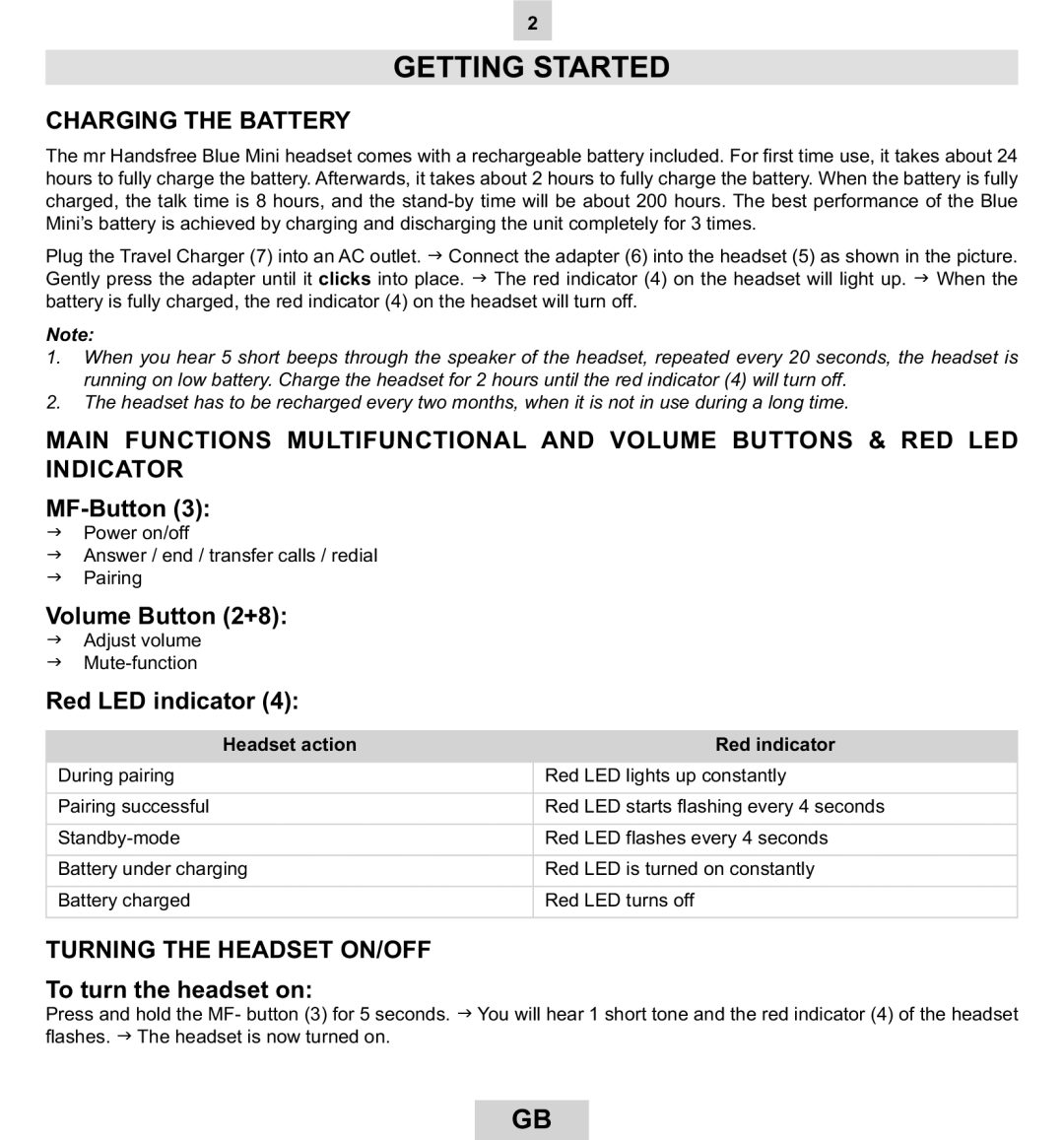 Mr Handsfree BLUE MINI manual Getting Started, Charging the Battery, Turning the Headset ON/OFF 