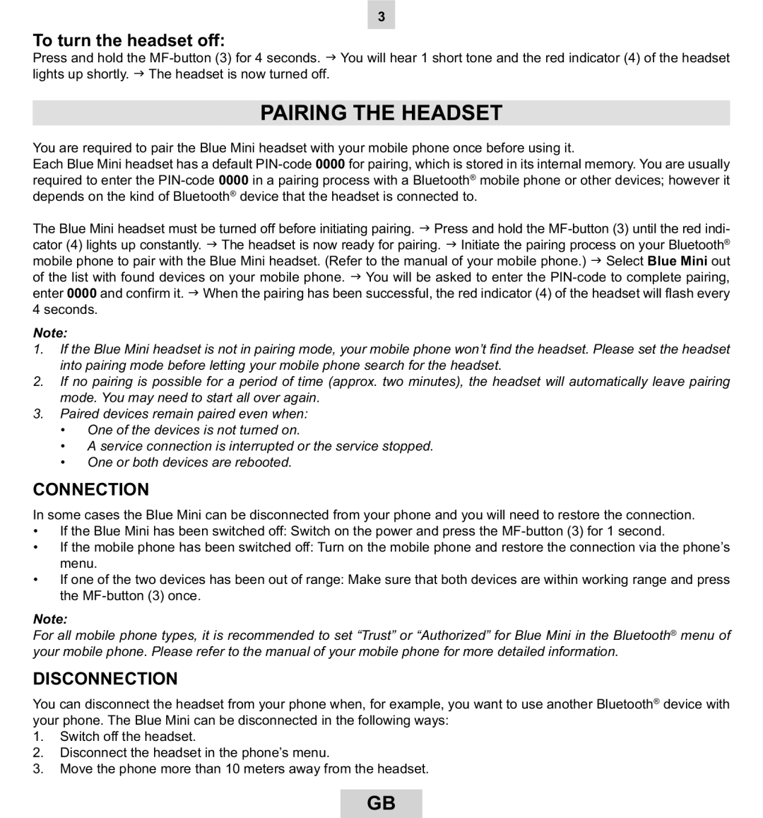 Mr Handsfree BLUE MINI manual Pairing the Headset, To turn the headset off, Connection, Disconnection 