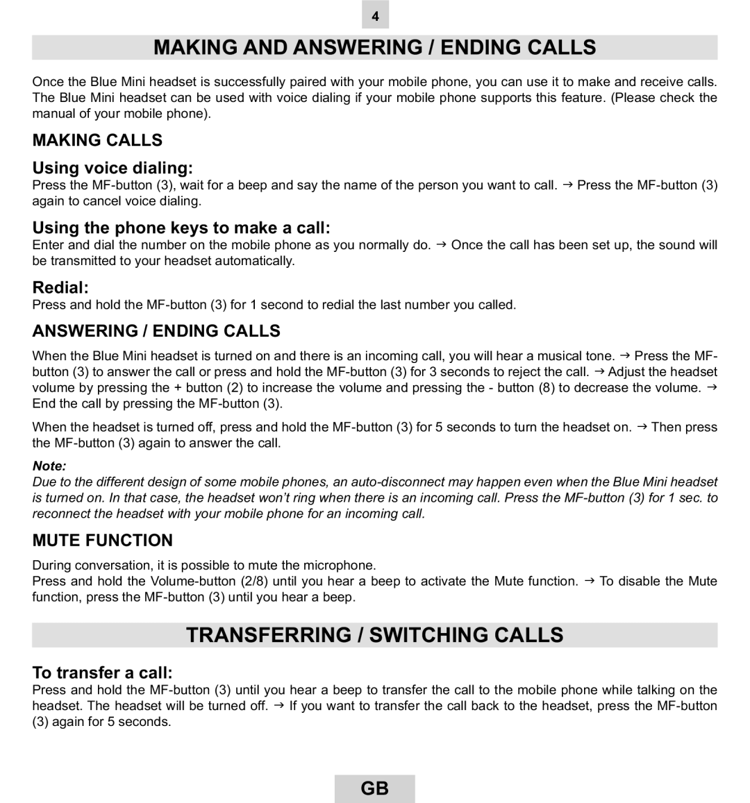 Mr Handsfree BLUE MINI Making and Answering / Ending Calls, Transferring / Switching Calls, Making Calls, Mute Function 