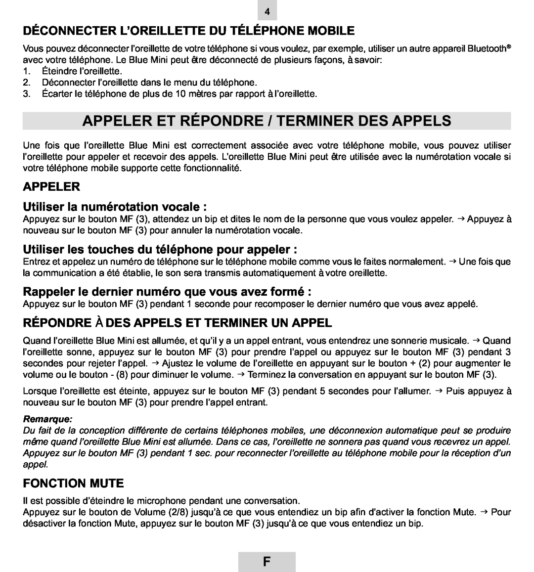 Mr Handsfree BLUE MINI manual Appeler Et Répondre / Terminer Des Appels, Déconnecter L’Oreillette Du Téléphone Mobile 
