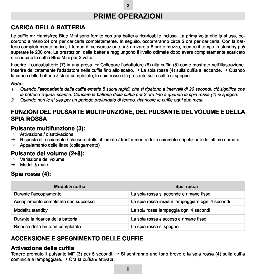 Mr Handsfree BLUE MINI manual Prime Operazioni, Carica Della Batteria, Pulsante multifunzione, Pulsante del volume 2+8 