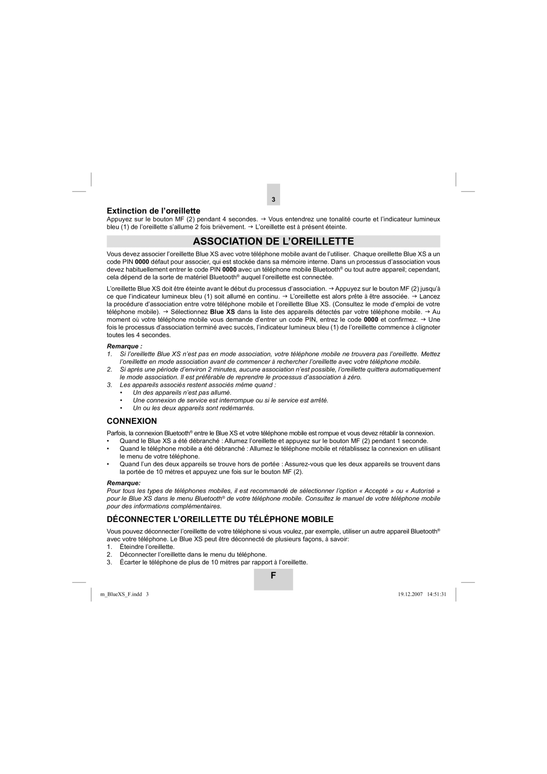 Mr Handsfree blue XS user manual Association DE L’OREILLETTE, Extinction de l’oreillette, Connexion 