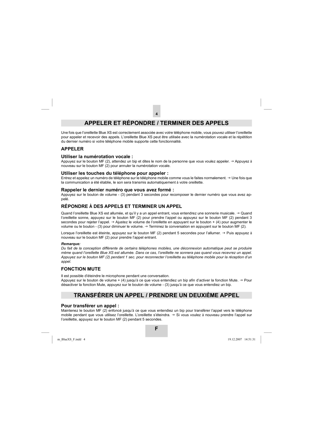 Mr Handsfree blue XS user manual Appeler ET Répondre / Terminer DES Appels, Transférer UN Appel / Prendre UN Deuxième Appel 