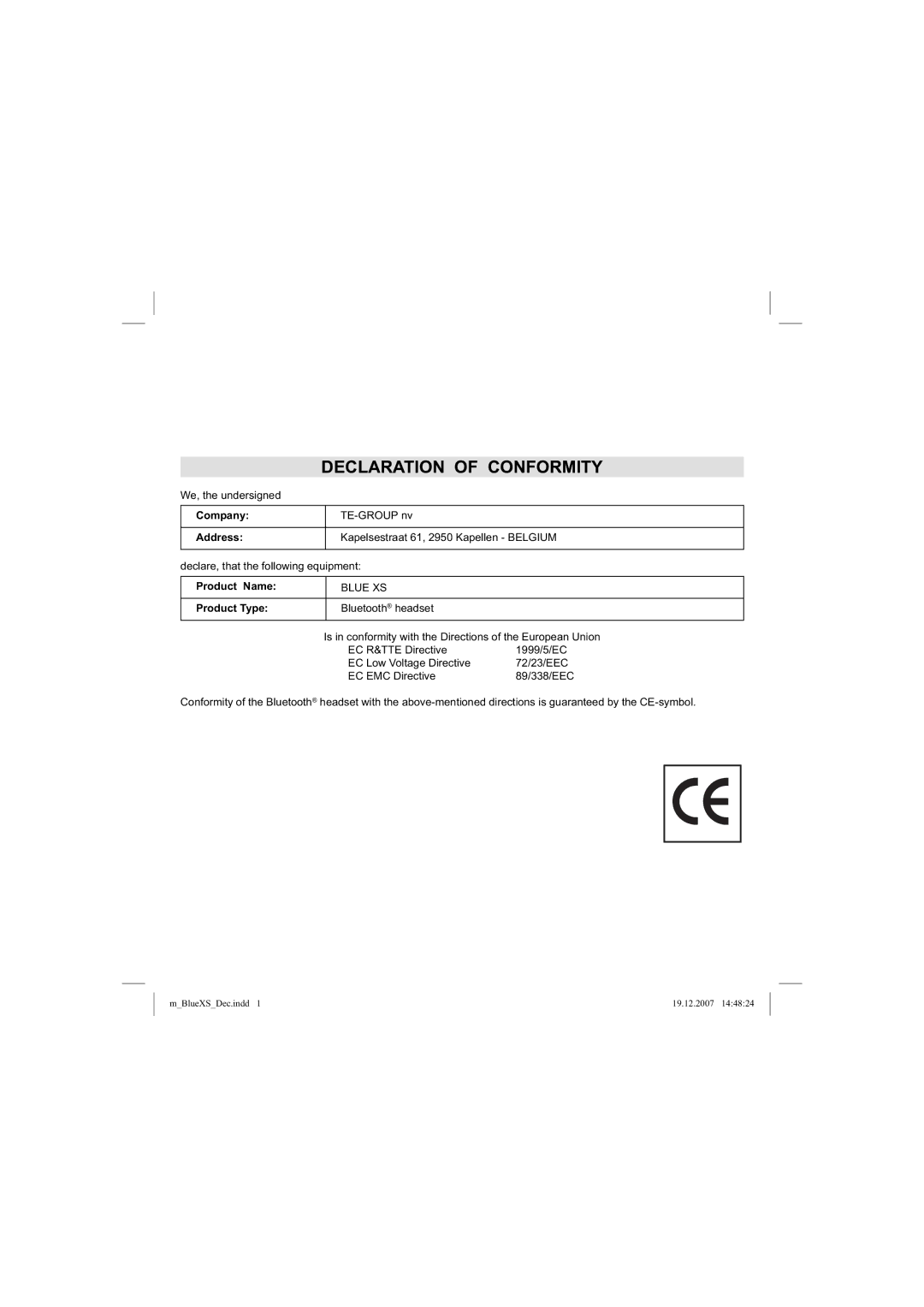 Mr Handsfree blue XS user manual Declaration of Conformity, Blue XS 