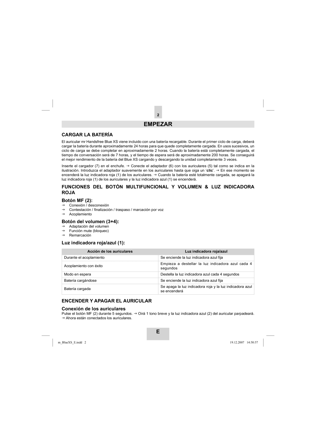 Mr Handsfree blue XS user manual Empezar, Cargar LA Batería, Encender Y Apagar EL Auricular 