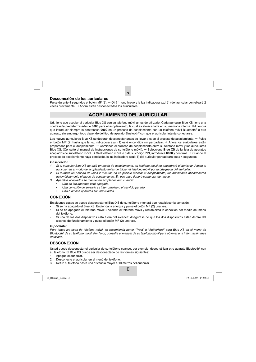 Mr Handsfree blue XS user manual Acoplamiento DEL Auricular, Desconexión de los auriculares, Conexión 