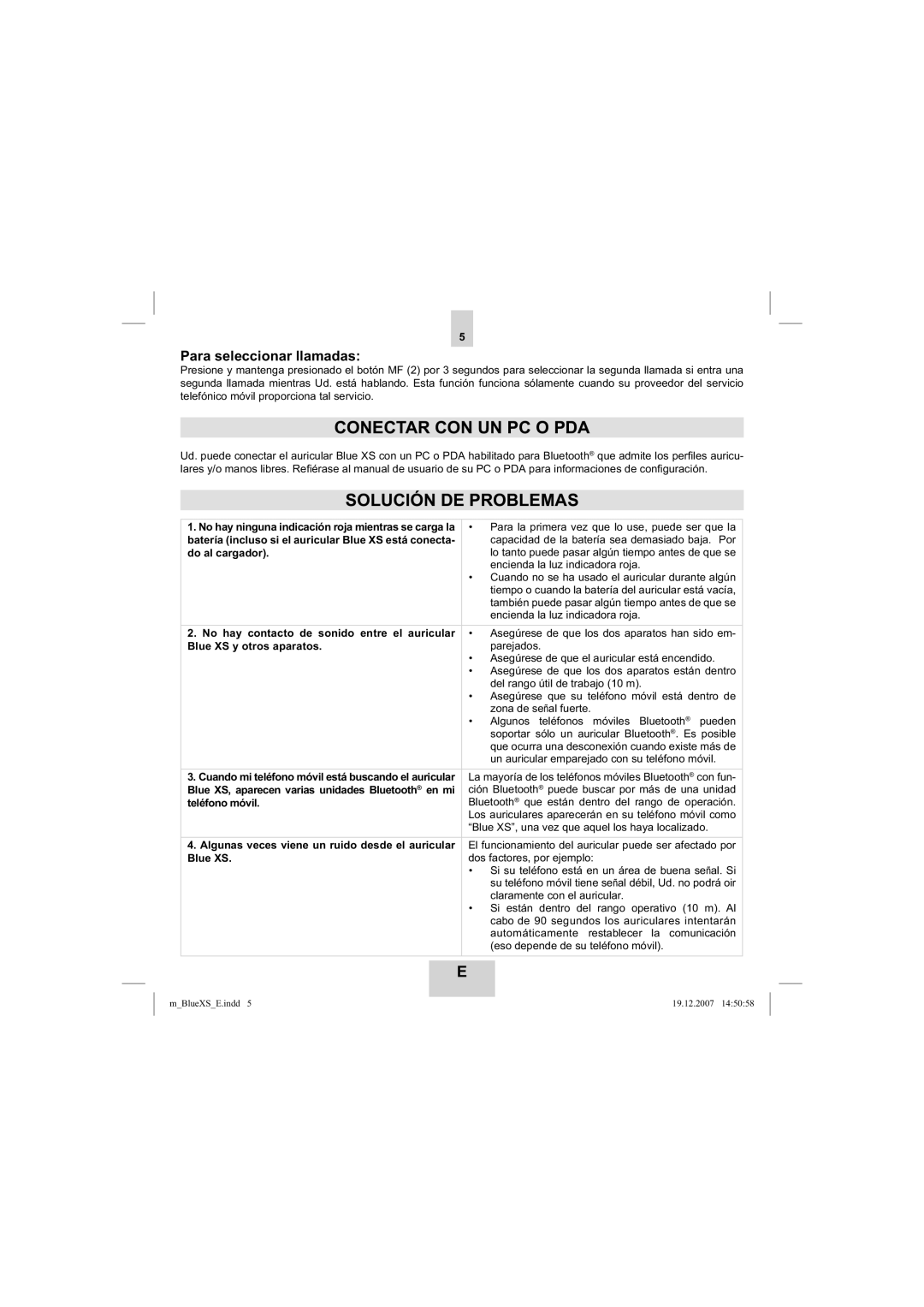 Mr Handsfree blue XS user manual Conectar CON UN PC O PDA, Solución DE Problemas, Para seleccionar llamadas 