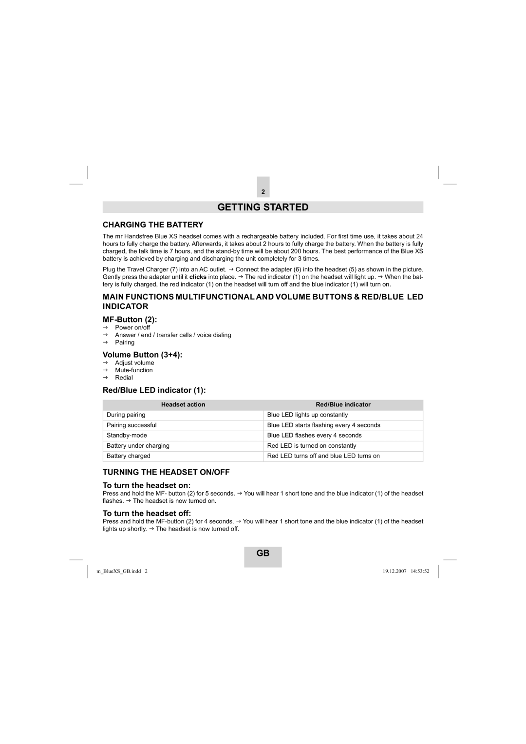 Mr Handsfree blue XS user manual Getting Started, Charging the Battery, Turning the Headset ON/OFF 