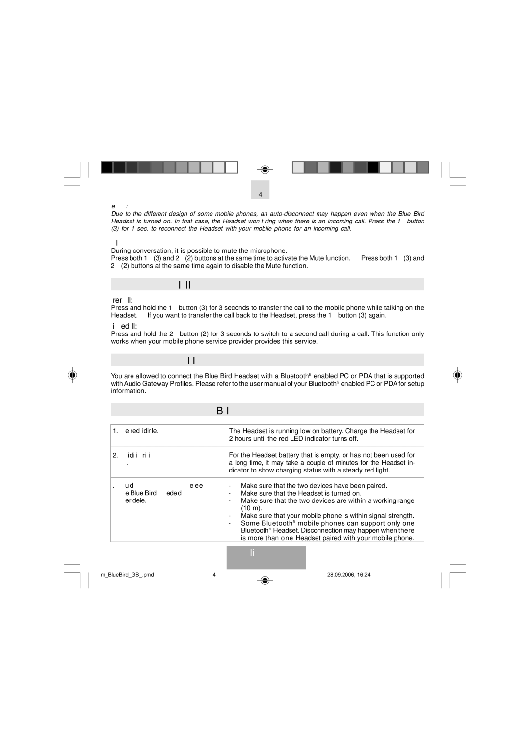 Mr Handsfree Bluetooth Wireless Headset manual Transferring / Switching Calls, Connecting with a PC or PDA Trouble Shooting 