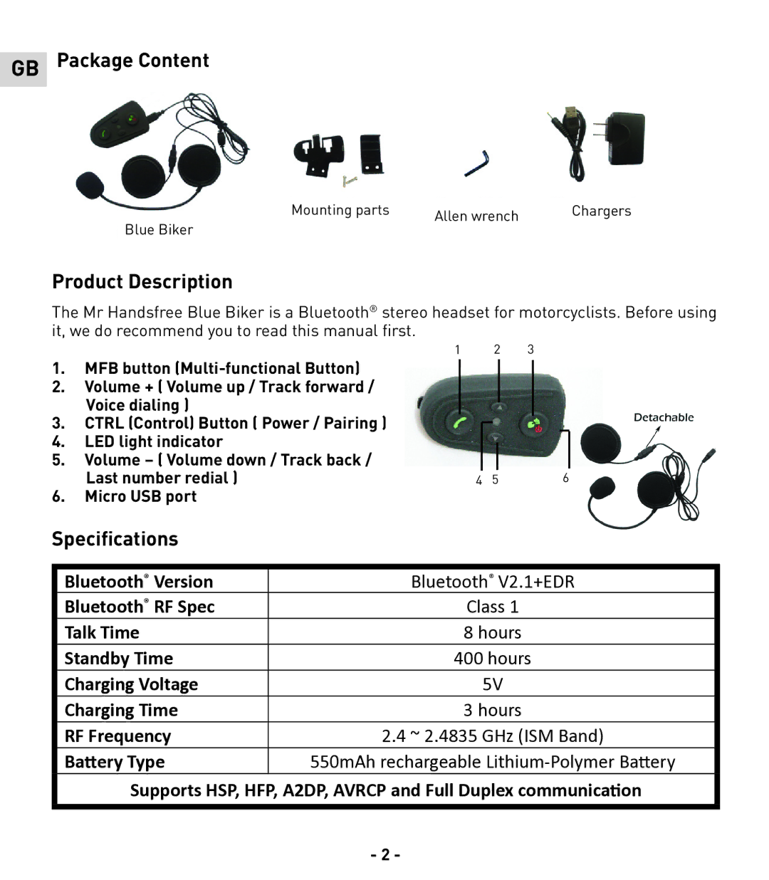 Mr Handsfree GBNLFRDKCZSKEI manual GB Package Content, Product Description, Specifications 