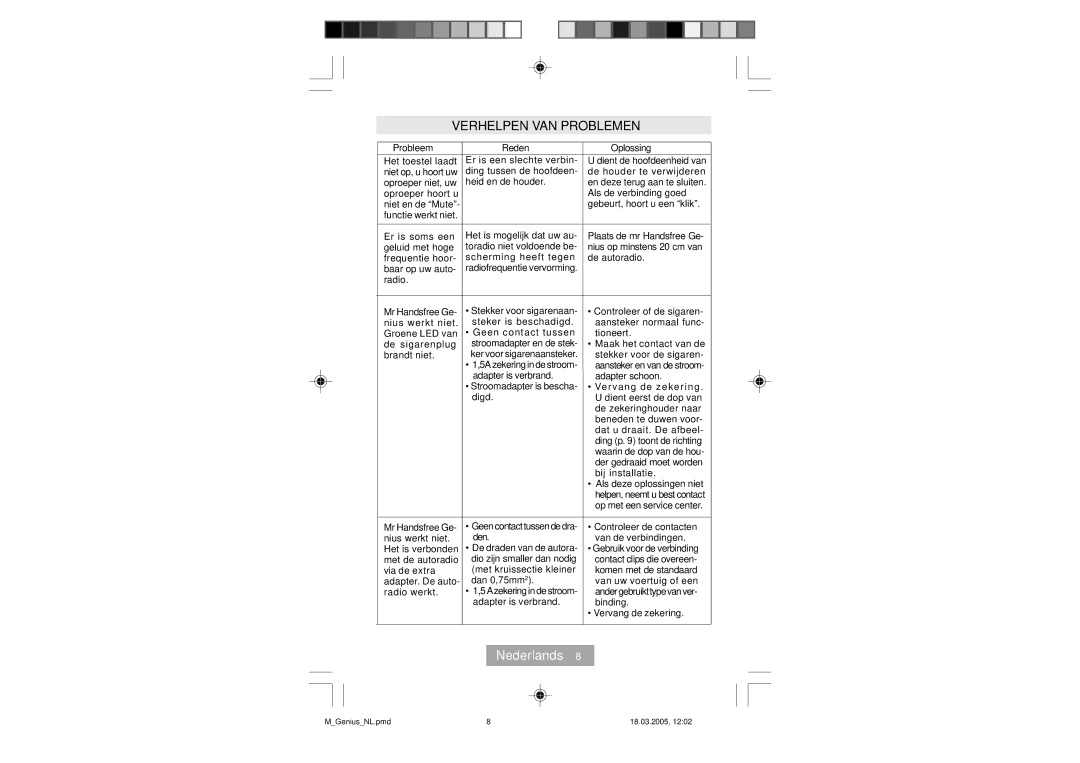 Mr Handsfree Genius manual Verhelpen VAN Problemen, Probleem Reden Oplossing 