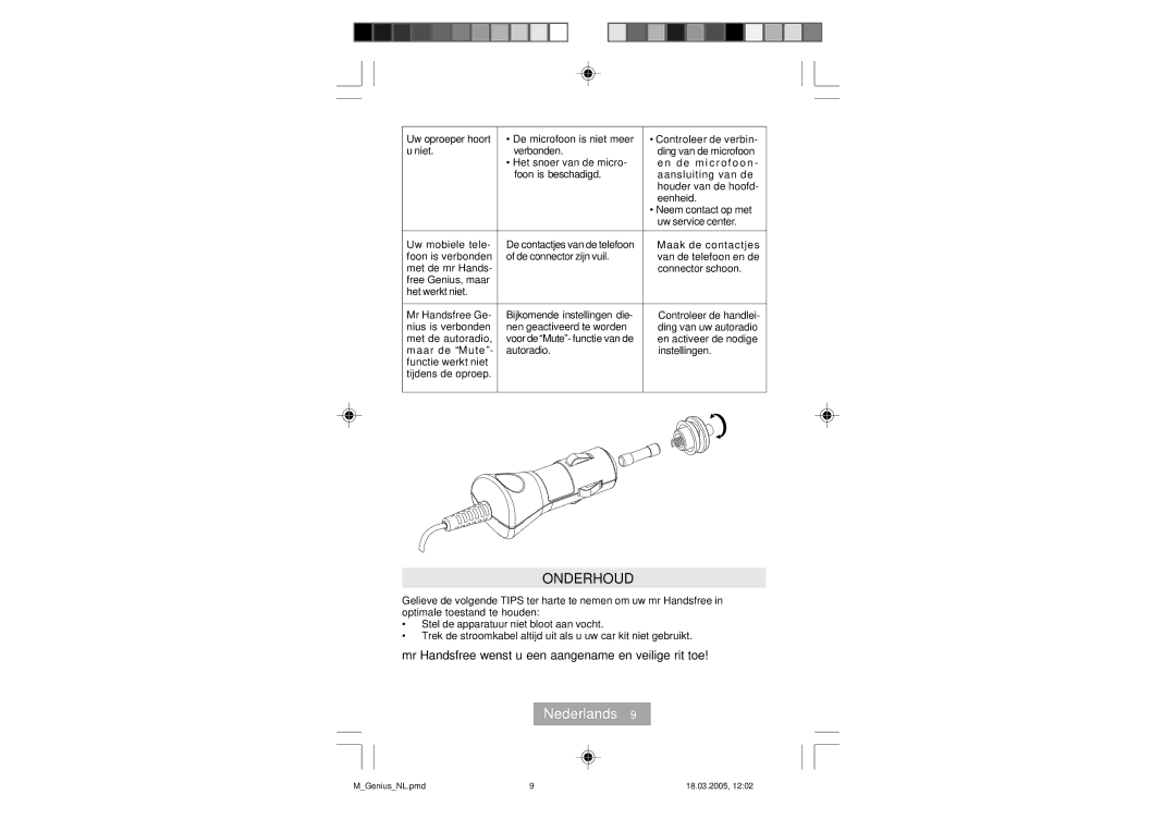 Mr Handsfree Genius manual Onderhoud, Mr Handsfree wenst u een aangename en veilige rit toe 