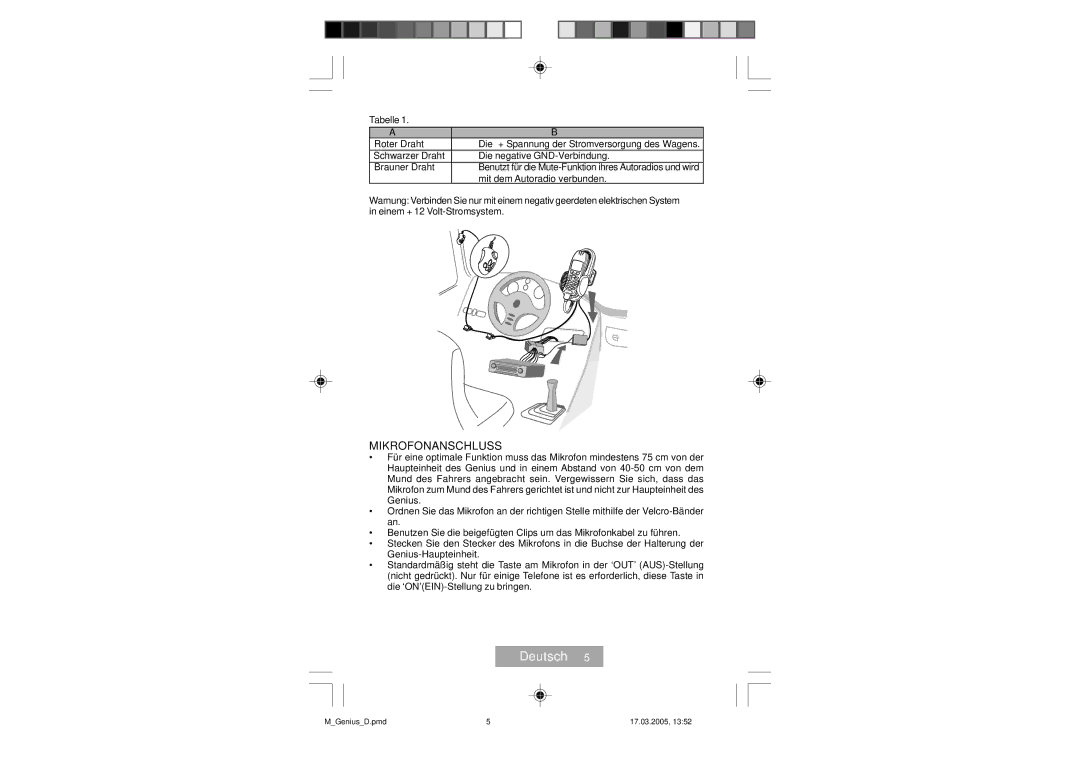 Mr Handsfree Genius manual Mikrofonanschluss, Tabelle 