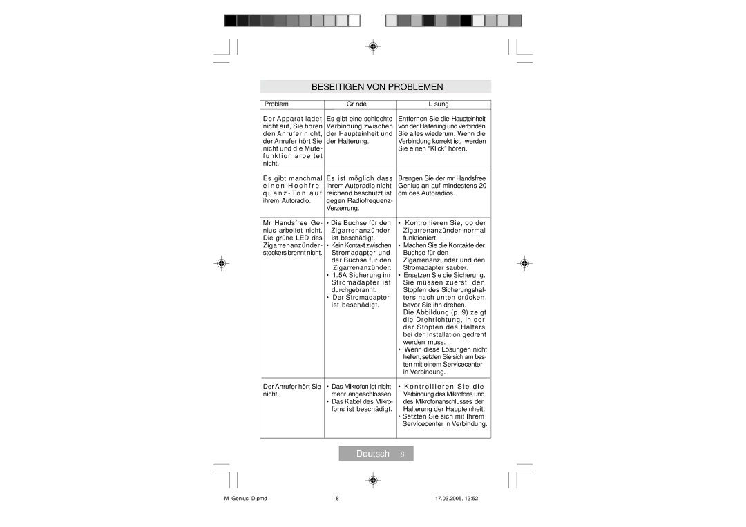 Mr Handsfree Genius manual Beseitigen VON Problemen, Problem Gründe Lösung 