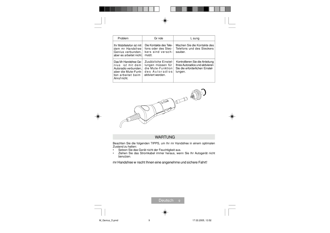 Mr Handsfree Genius manual Wartung, Mr Handsfree wünscht Ihnen eine angenehme und sichere Fahrt 