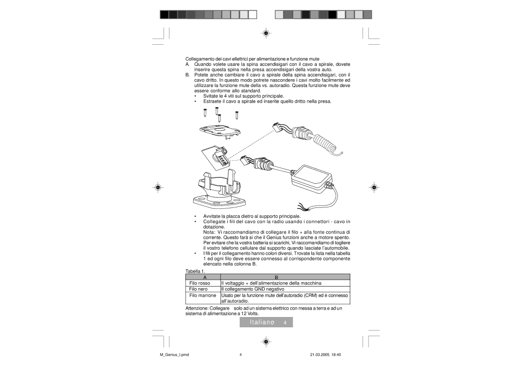 Mr Handsfree Genius manual Tabella 