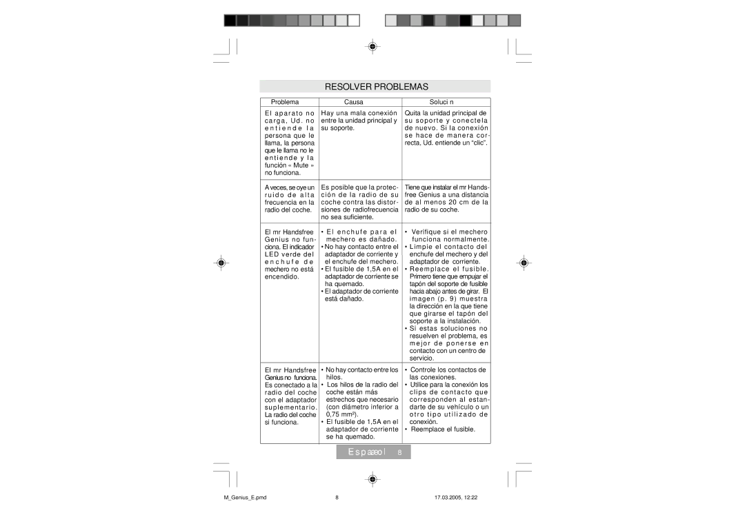 Mr Handsfree Genius manual Resolver Problemas, Problema Causa Solución 