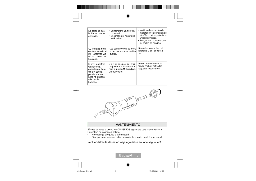 Mr Handsfree Genius manual Mantenimiento, ¡mr Handsfree le desea un viaje agradable en toda seguridad 