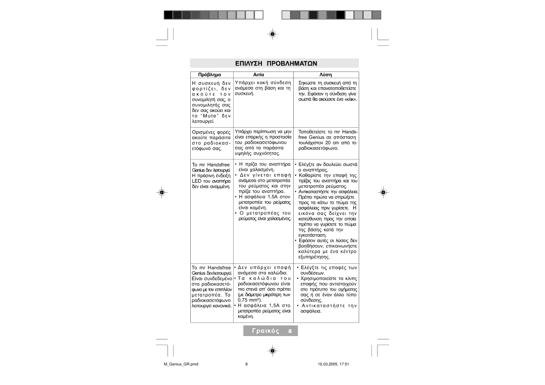 Mr Handsfree Genius manual Επιλυση Προβληματων, Πρόβληµα Αιτία Λύση 