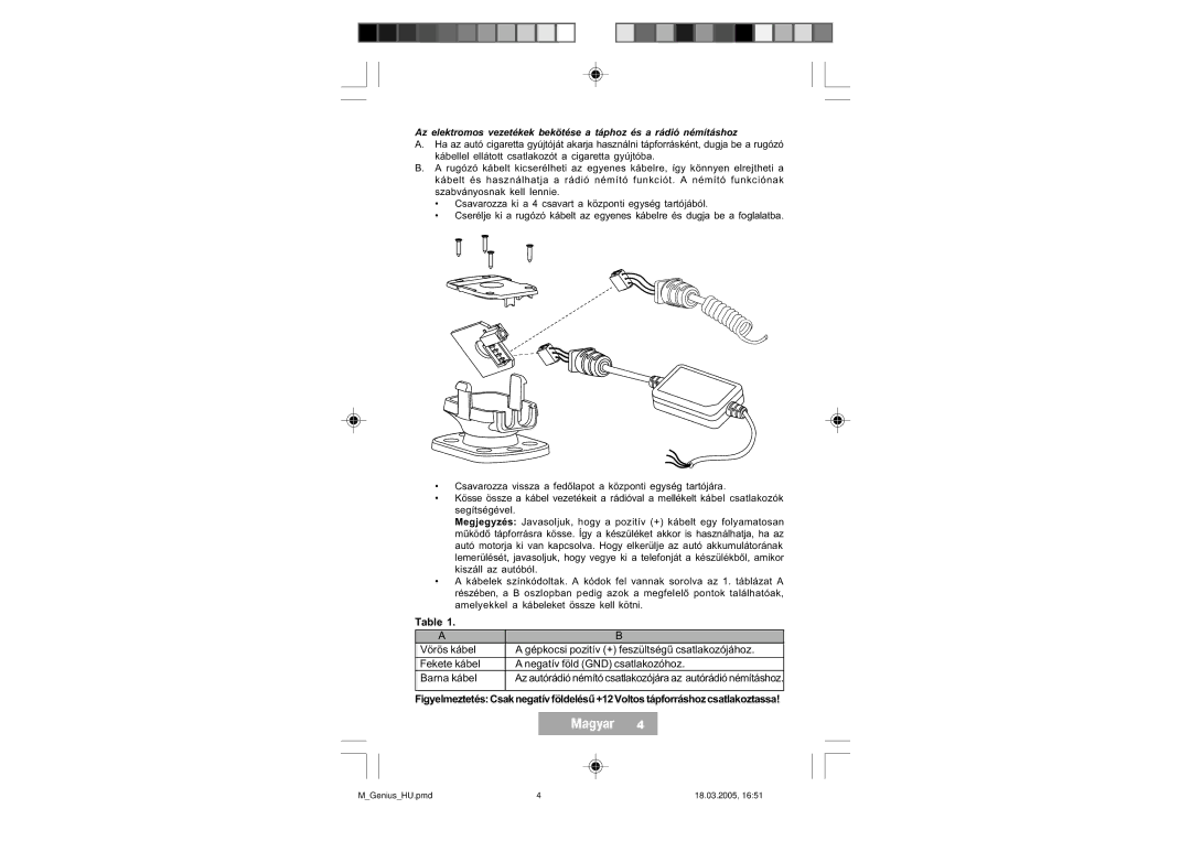 Mr Handsfree Genius manual Az autórádió némító csatlakozójára az autórádió némításhoz 