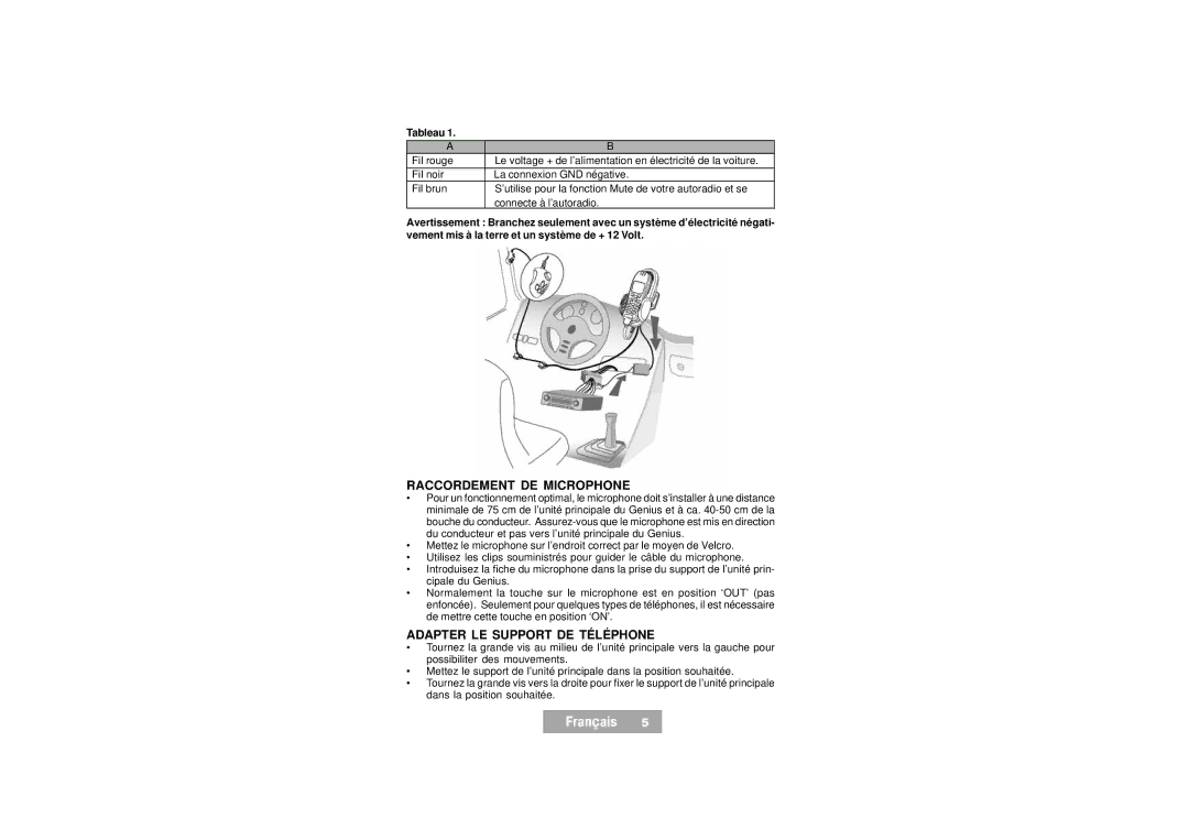 Mr Handsfree Handsfree Kit manual Raccordement DE Microphone, Adapter LE Support DE Téléphone, Tableau 