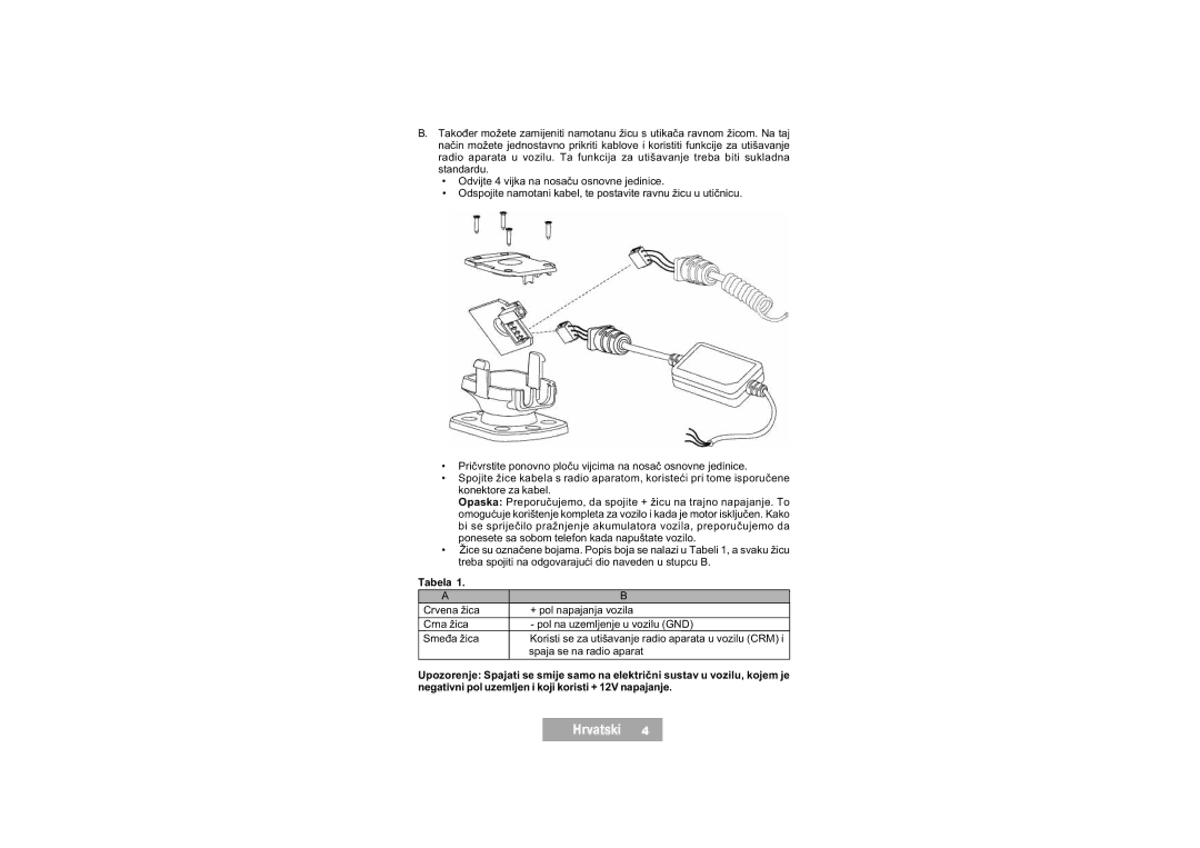 Mr Handsfree Handsfree Kit manual Spaja se na radio aparat, Negativni pol uzemljen i koji koristi + 12V napajanje 