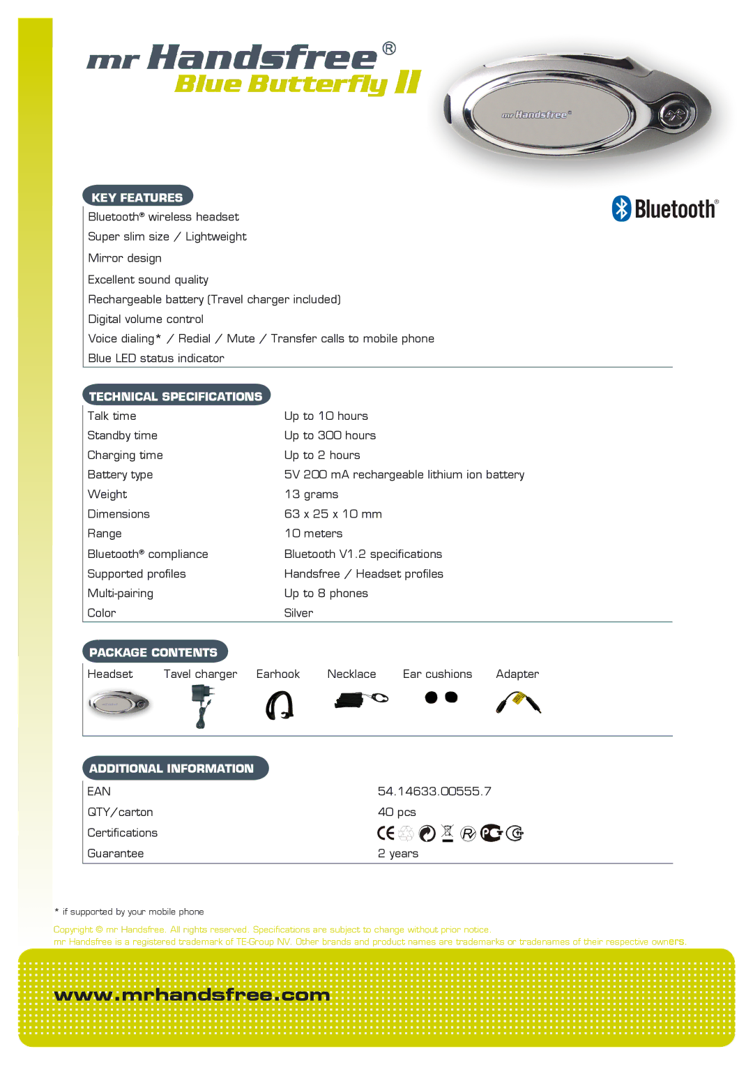 Mr Handsfree II specifications Key features, Technical specifications, Package contents, Additional information, Ean 