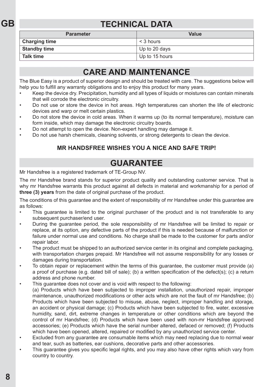 Mr Handsfree none Technical Data, Care and Maintenance, Guarantee, Mr Handsfree wishes you a nice and safe trip, Parameter 