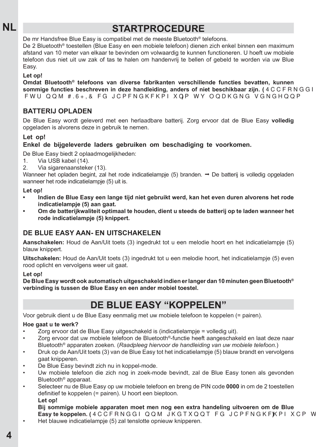 Mr Handsfree none user manual Nlstartprocedure, DE Blue Easy Koppelen, Batterij Opladen, DE Blue Easy AAN- EN Uitschakelen 