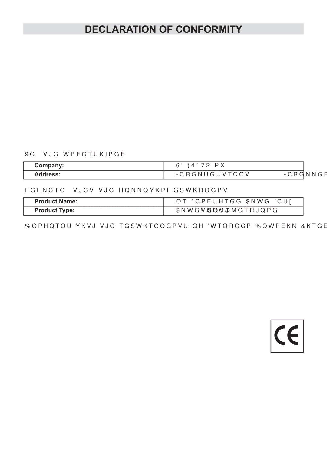 Mr Handsfree none user manual Declaration of Conformity, Company, Address, Product Name, Product Type 