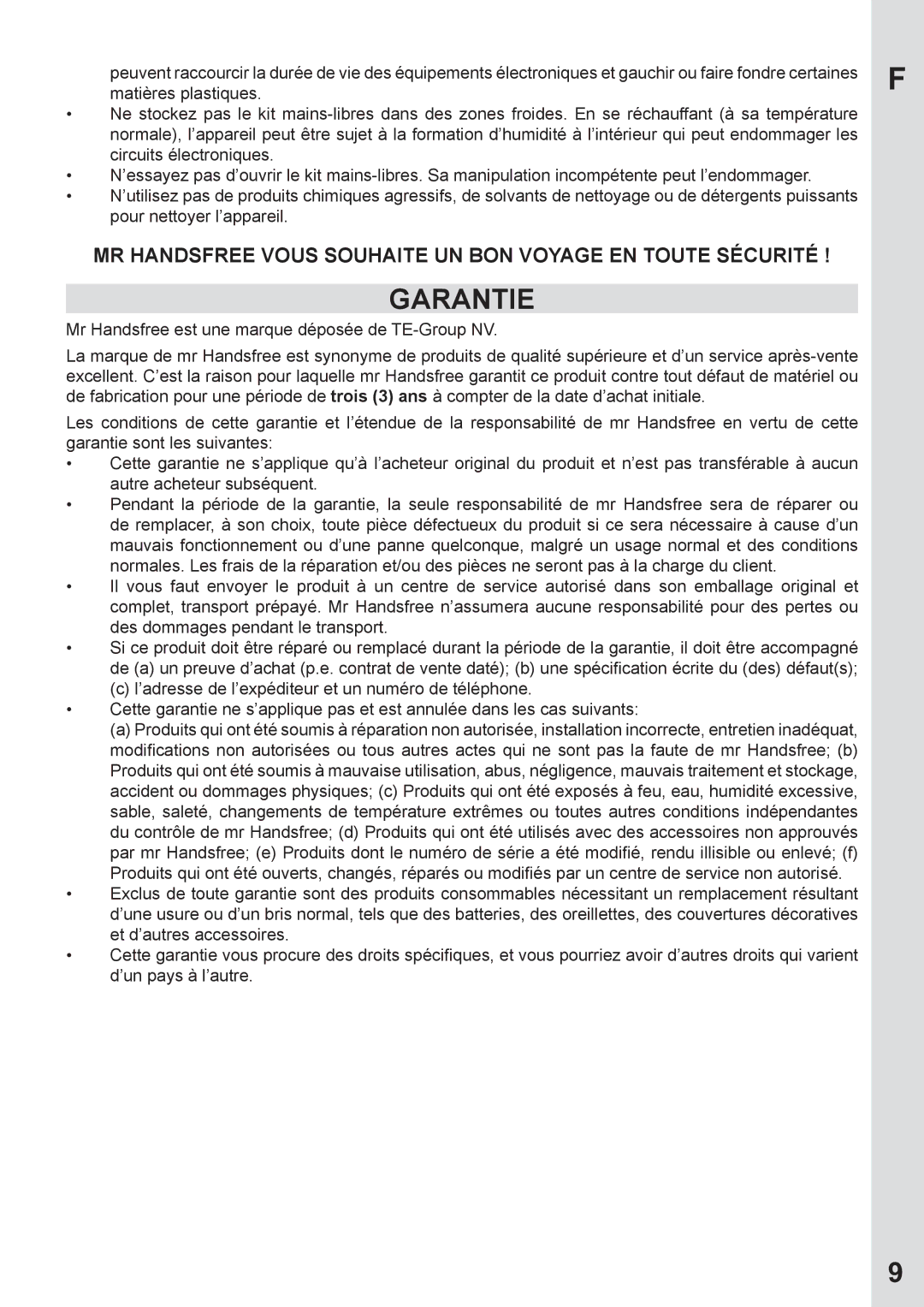 Mr Handsfree none user manual Garantie, Mr Handsfree vous souhaite un bon voyage en toute sécurité 