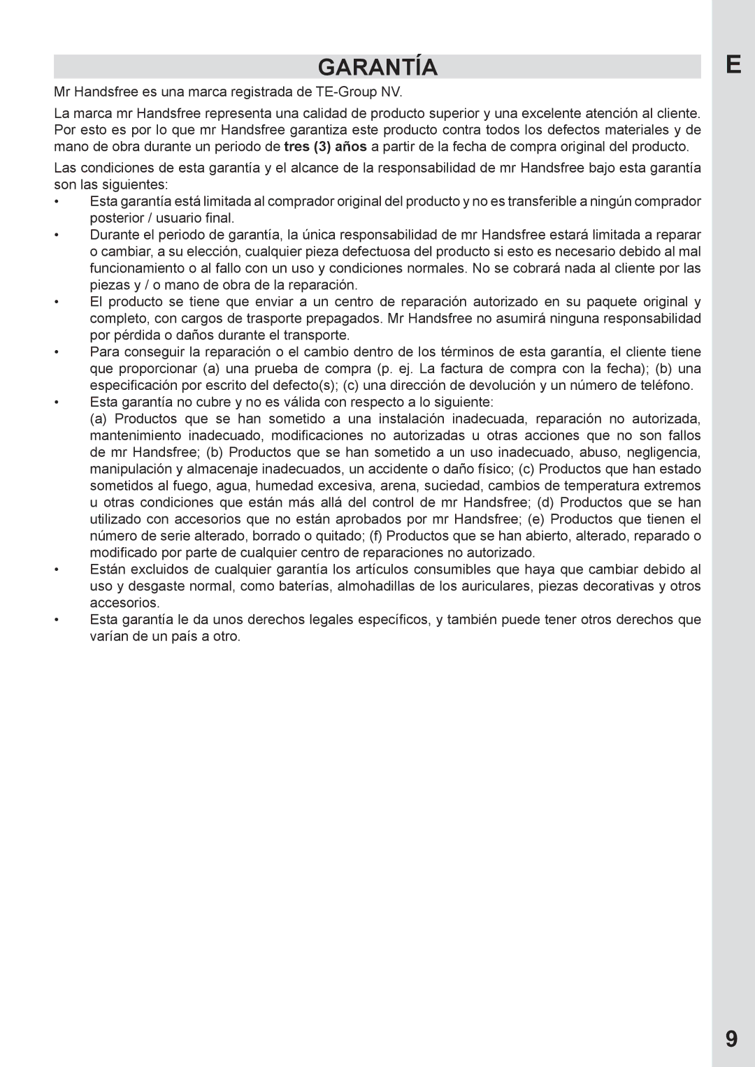 Mr Handsfree none user manual Garantíae 