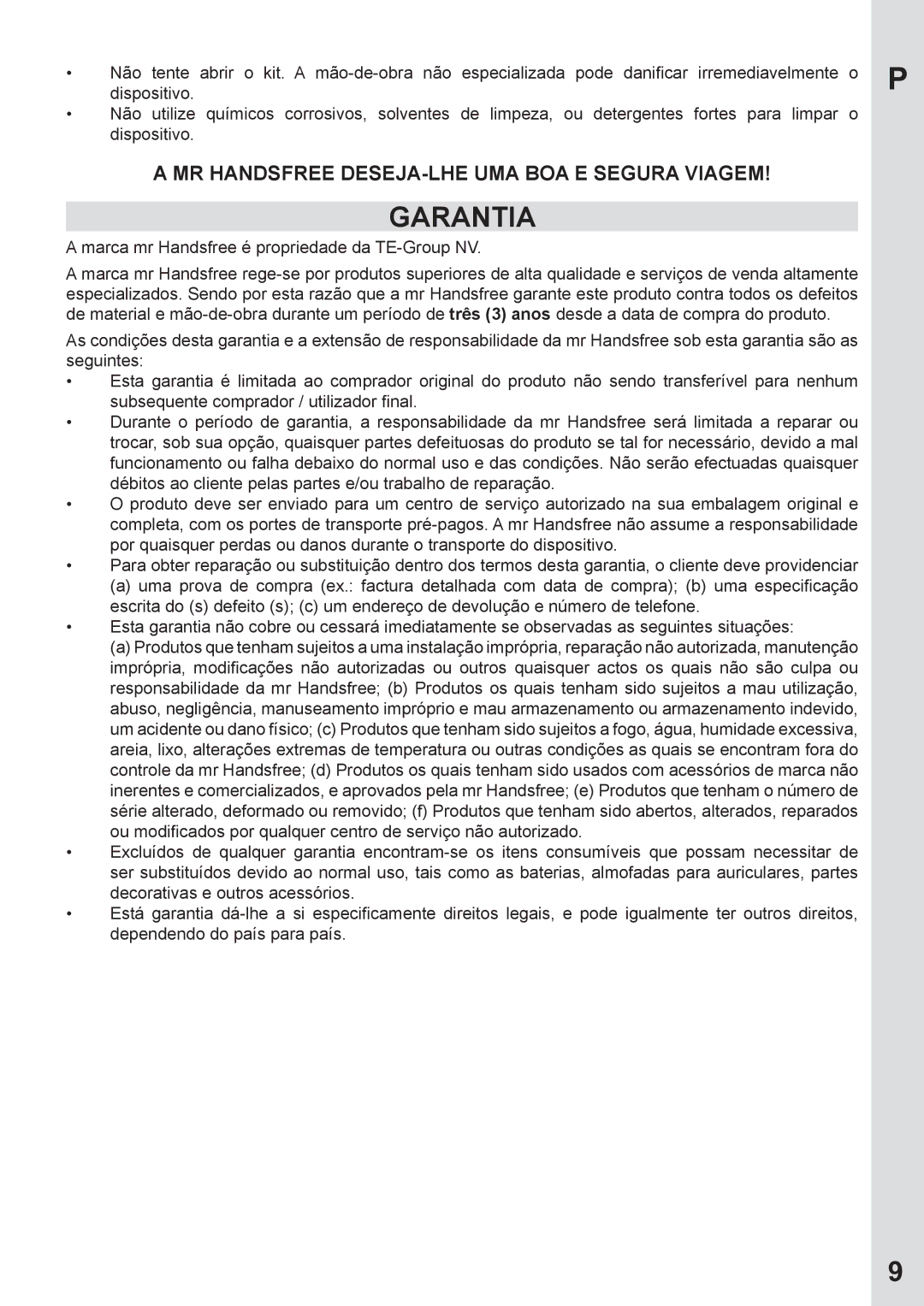 Mr Handsfree none user manual Garantia, Mr Handsfree deseja-lhe uma boa e segura viagem 