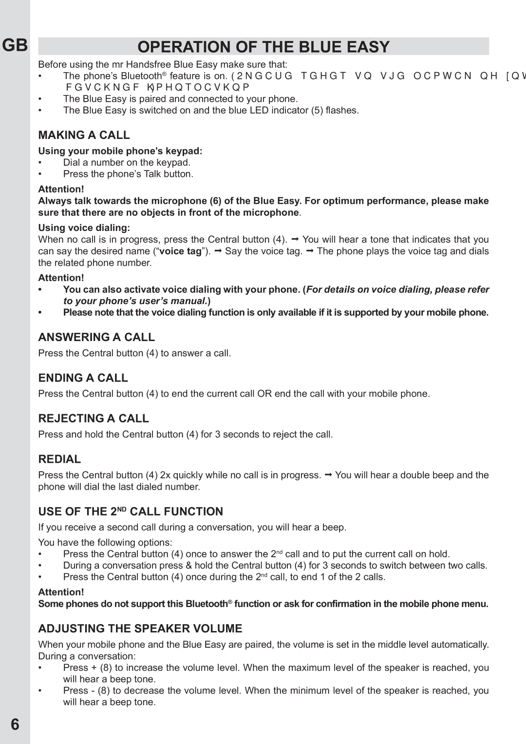 Mr Handsfree none user manual Operation of the Blue Easy 