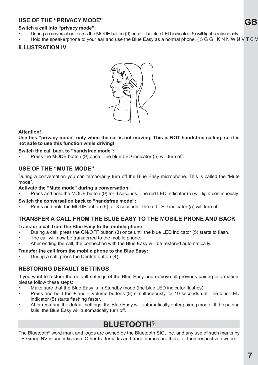 Mr Handsfree none user manual Bluetooth, USE of the Privacy Mode, USE of the Mute Mode, Restoring Default Settings 