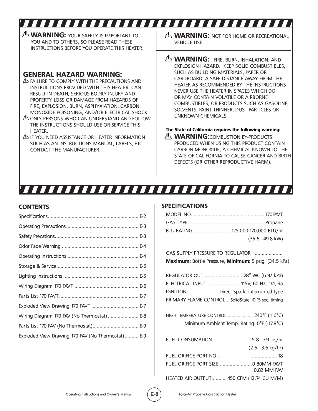 Mr. Heater 170FAVT operating instructions General Hazard Warning, Contents, Specifications 