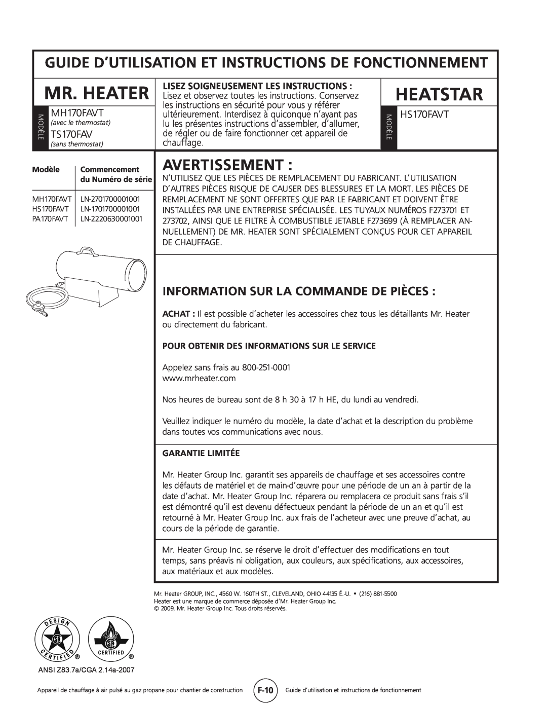 Mr. Heater Information Sur La Commande De Pièces, Mr. Heater, Heatstar, Avertissement, TS170FAV, MH170FAVT, HS170FAVT 