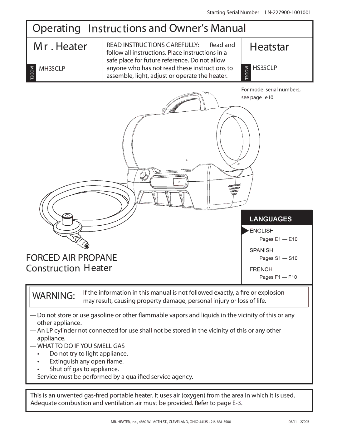 Mr. Heater MH35CLP, HS35CLP operating instructions What to do if YOU Smell GAS 