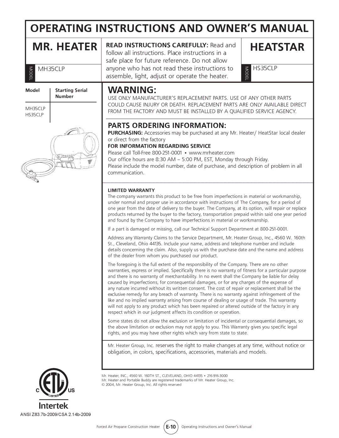 Mr. Heater operating instructions Parts Ordering Information, MH35CLP HS35CLP, Limited Warranty 