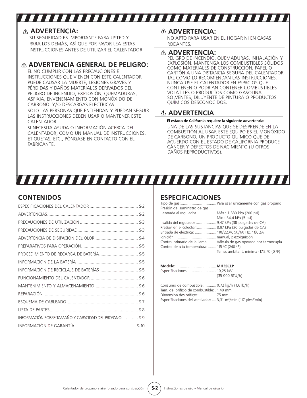 Mr. Heater MH35CLP, HS35CLP operating instructions Advertencia, Contenidos, Especificaciones 