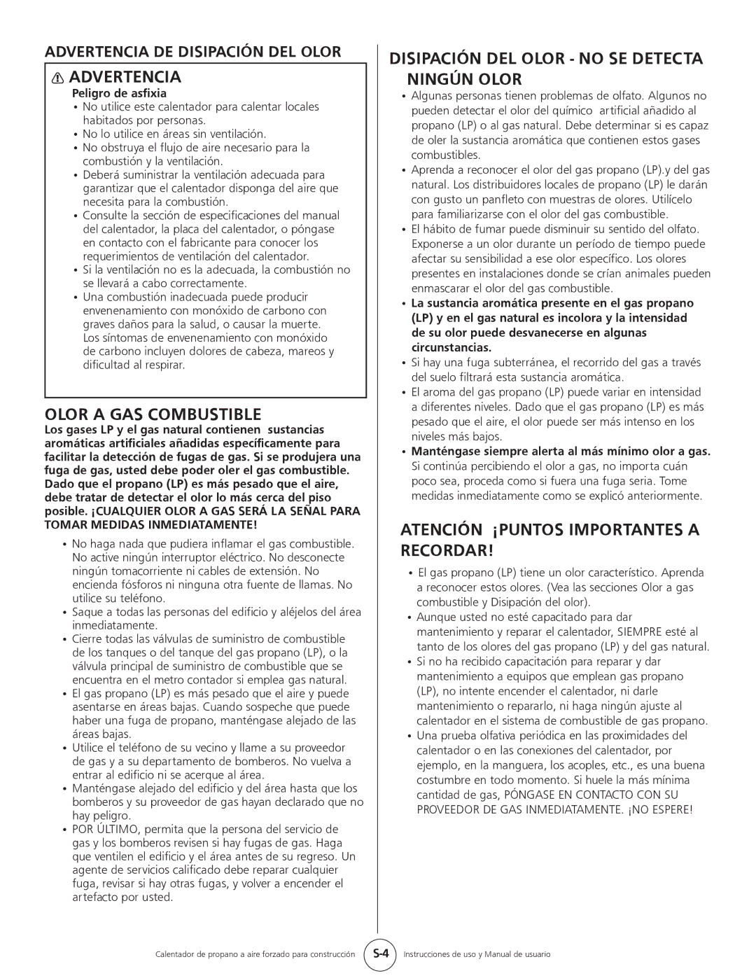 Mr. Heater MH35CLP, HS35CLP operating instructions Olor a GAS Combustible, Disipación DEL Olor no SE Detecta Ningún Olor 