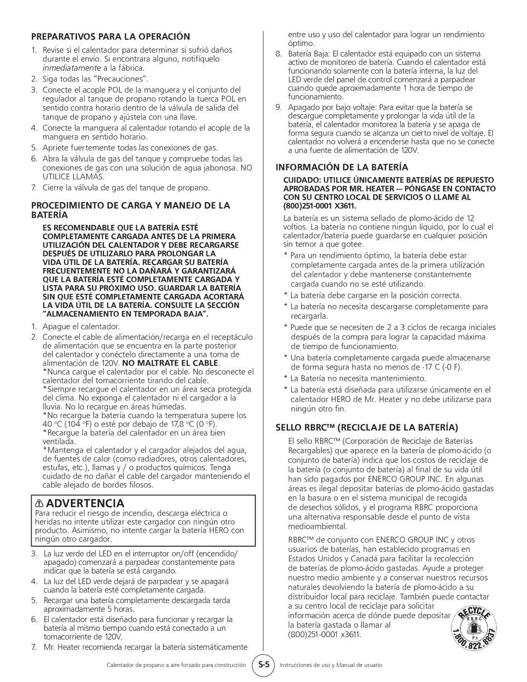 Mr. Heater HS35CLP, MH35CLP Preparativos Para LA Operación, Procedimiento DE Carga Y Manejo DE LA Batería 